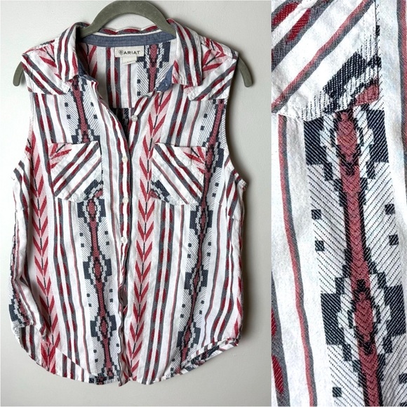 Ariat Tops - Ariat Sleeveless Shirt Size Large Top Aztec Cotton White Blue Red Button Up